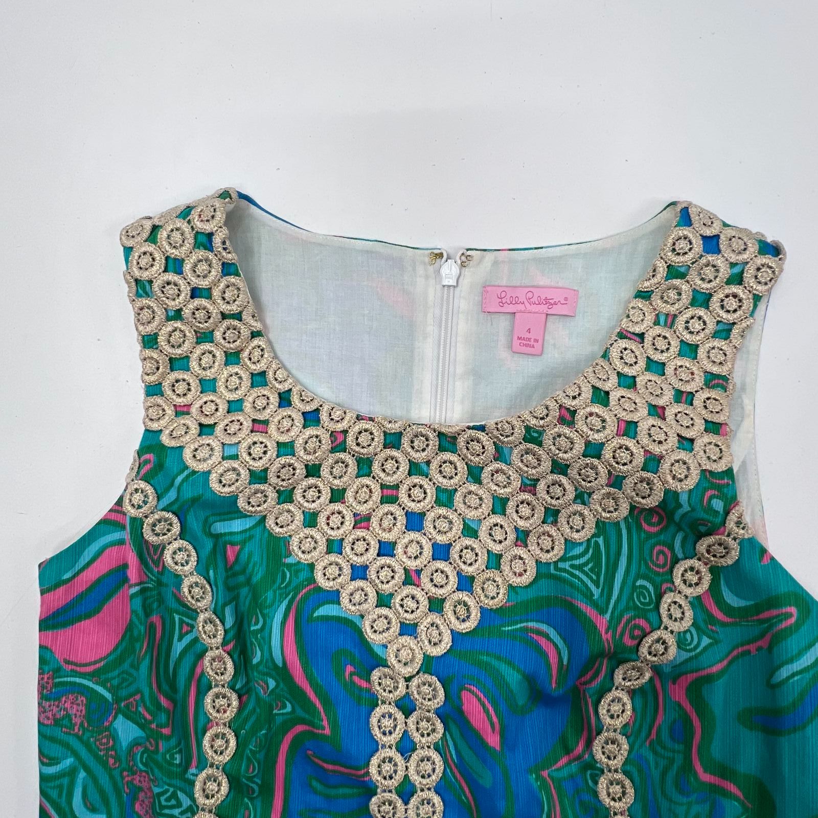 Lilly Pulitzer Jubilee Floral Crochet Lace Trim Sheath Dress Blue Pink Women's 4
