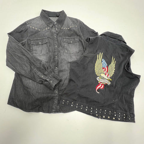 Harley-Davidson Womens Lot 2 Studded Denim Shirt & Eagle Vest Sz L