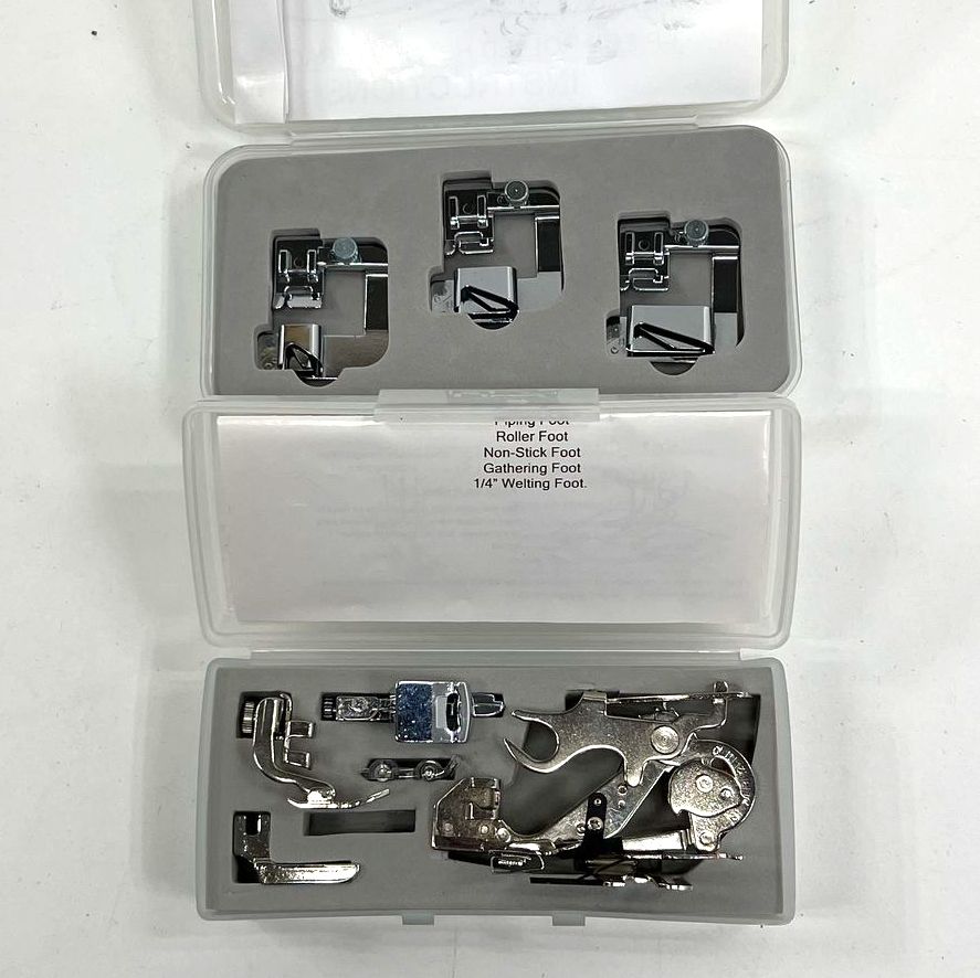 Distinctive Sewing 3-Pc Rolled Hem Foot Set & 7-Pc Home Dec Foot Set in Cases