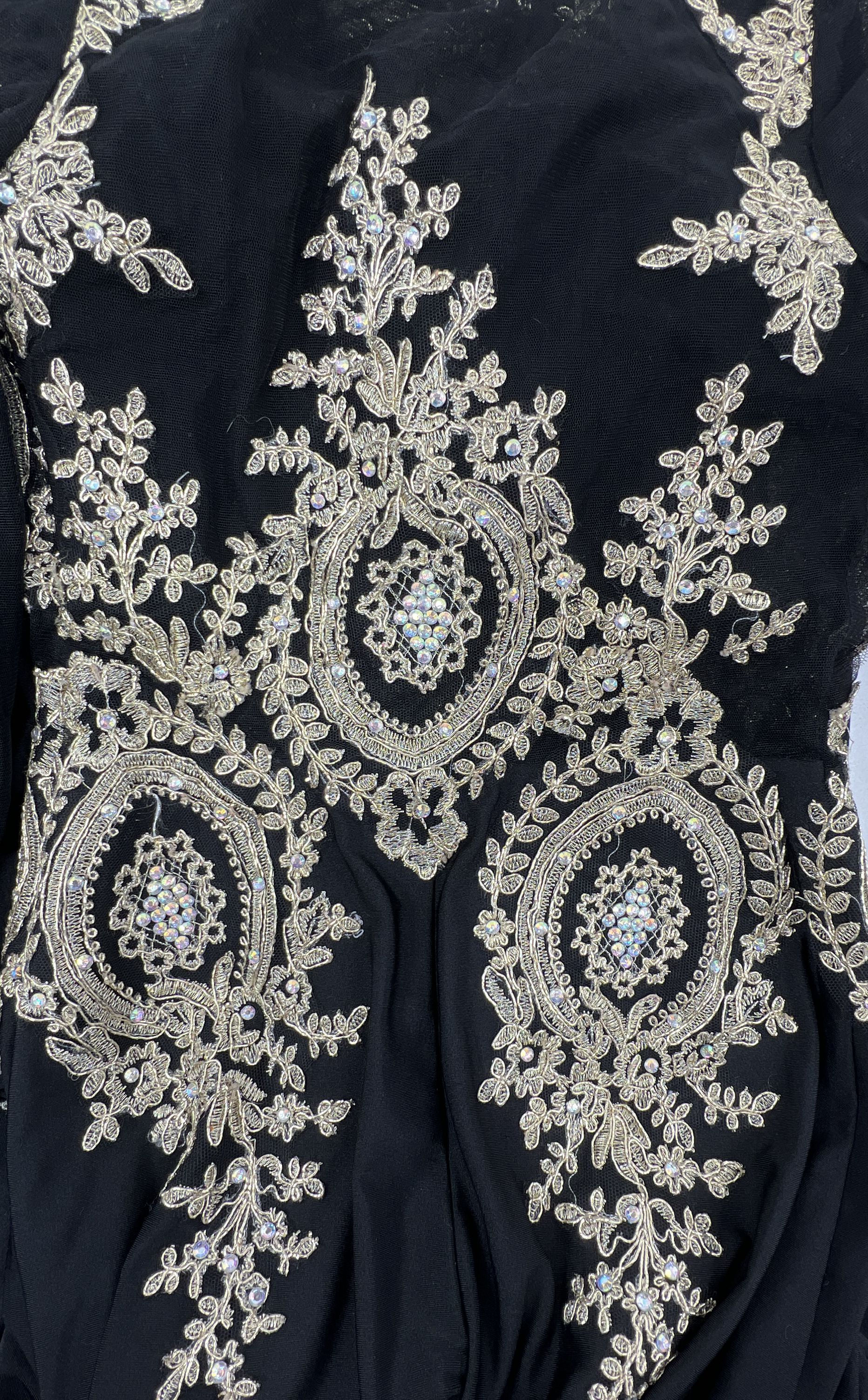 Formal Black Gold Tone Lace Applique Formal Floor Length Train Dress Women Small