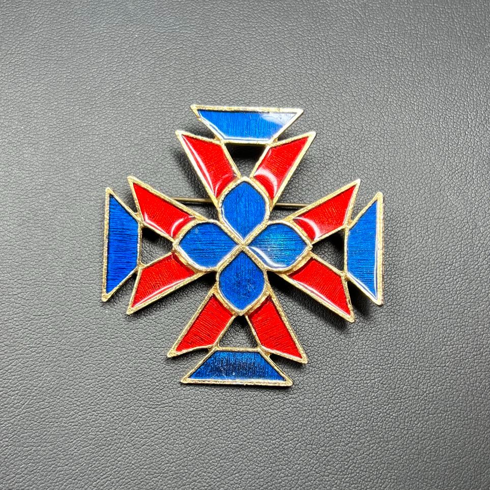 Florenza Red & Blue Enameled Maltese Cross Brooch