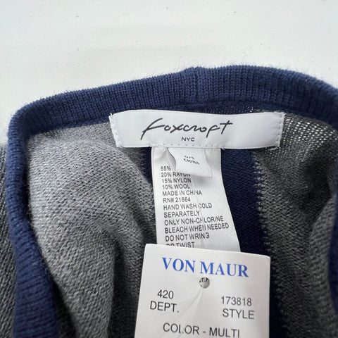 NWT Foxcroft Gray Blue Colorblock Windowpane Knit Wool Blend Shawl Poncho Women