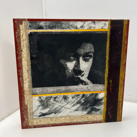 Sallyann Paschall Cherokee Artist Signed Mixed Media Collage Portrait 15.5x15.5