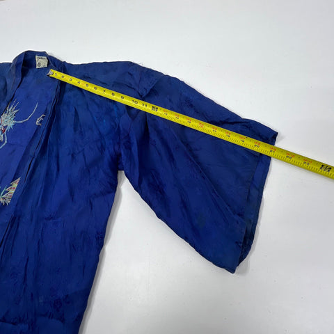 Vintage Japanese Dragon Embroidered Souvenir Robe Jacket Blue Rayon Mid-Century