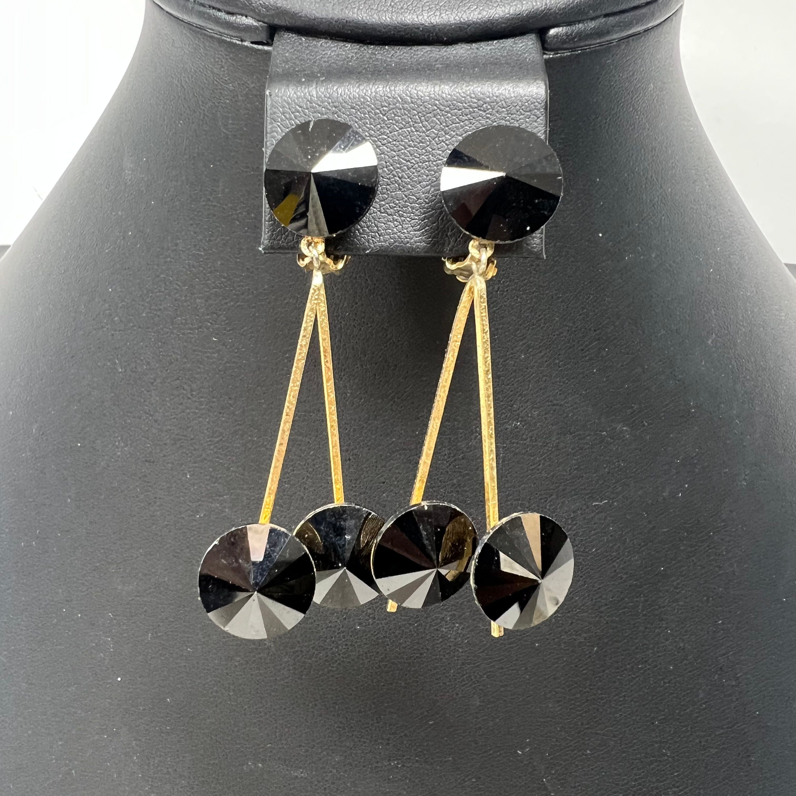 Vintage Lewis Segal Dangle Black Rhinestone Gold Tone Clip On Earrings
