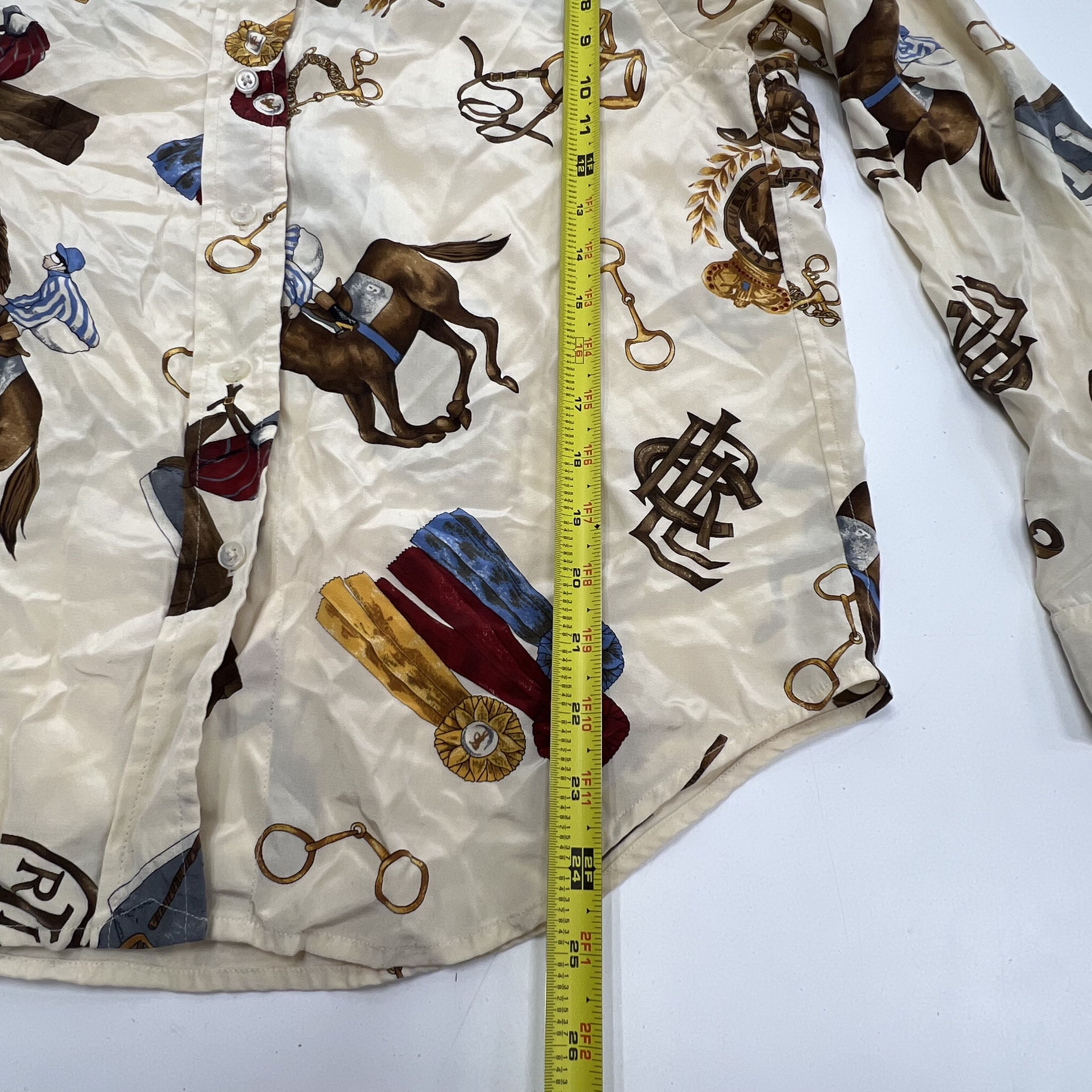 Vintage 90s Lauren Ralph Lauren Cream Equestrian Print Silk Blouse Women's 10P