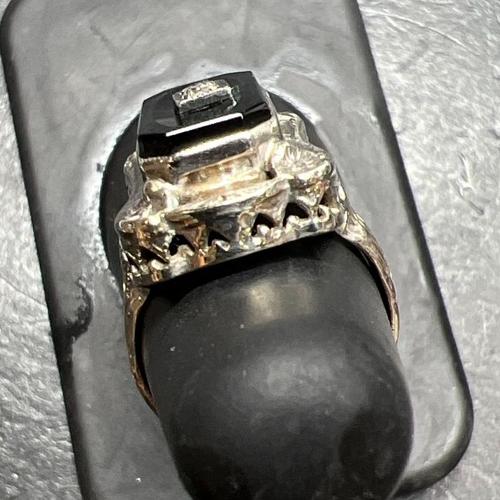 14K White Gold Filigree Art Deco Black & Clear Stone Ring Size 4 3.47g