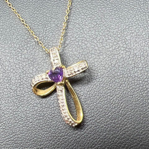 Vermeil 925 Sterling Silver Purple & Clear Gemstone Cross Pendant Necklace 1.96g