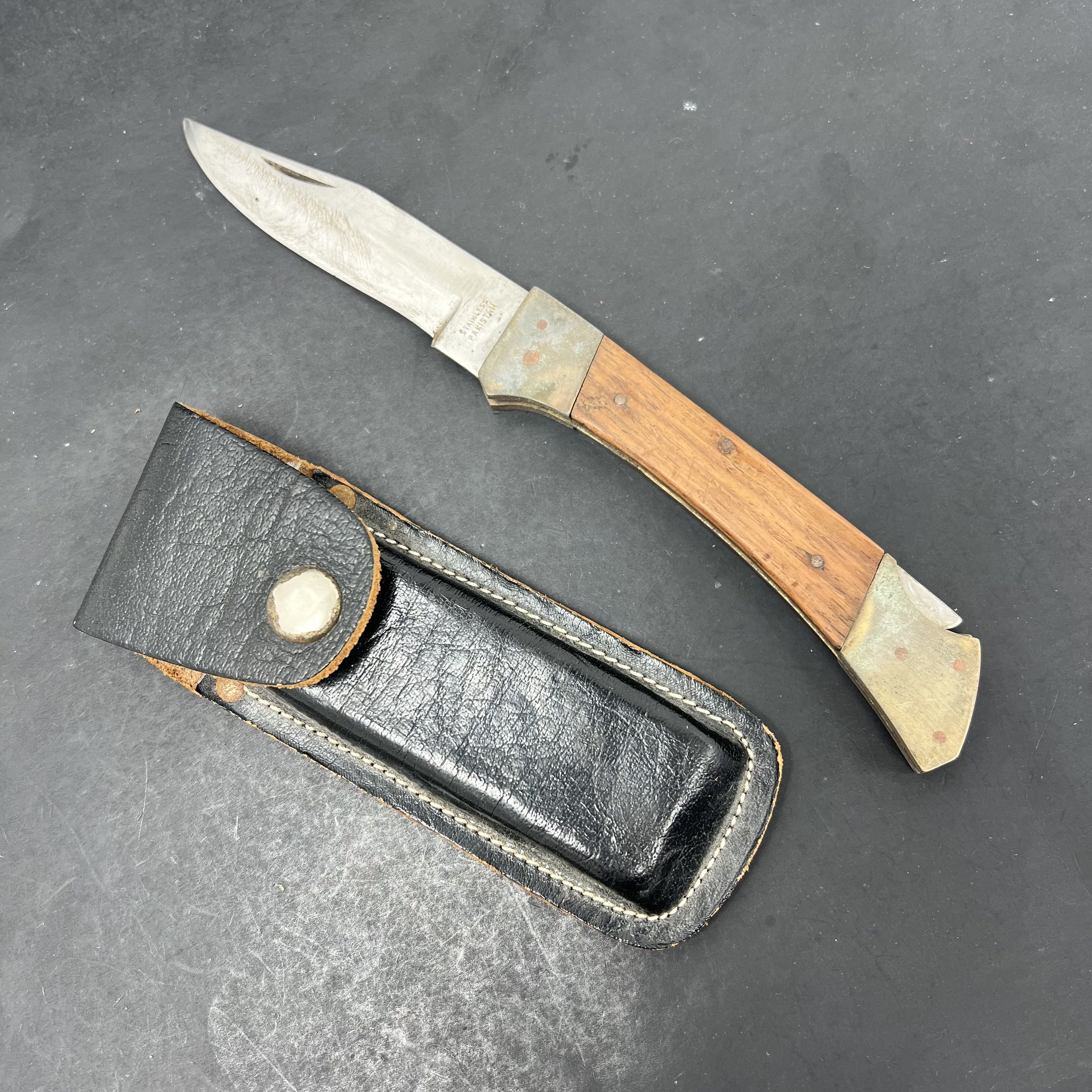 Vintage Pakistan Buck Pocket Knife Stainless With Leather Sheath