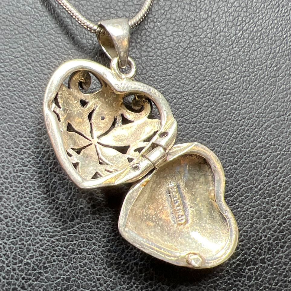 Sterling Silver Filigree Marcasite Heart Locket Necklace 8.49g