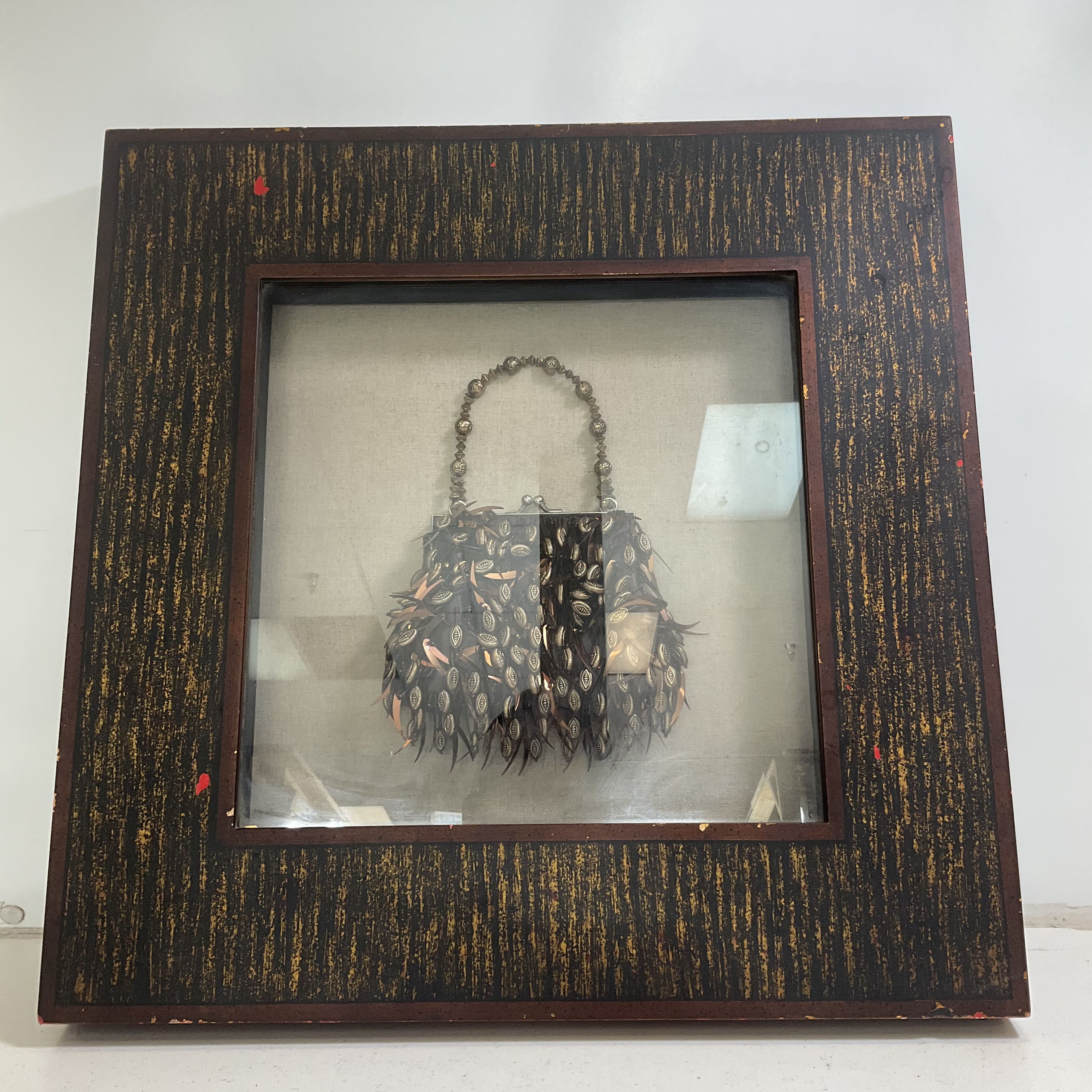 European Antique Bag Replica Black Gold Wood Glass Fabric Metal Shadow Box Art