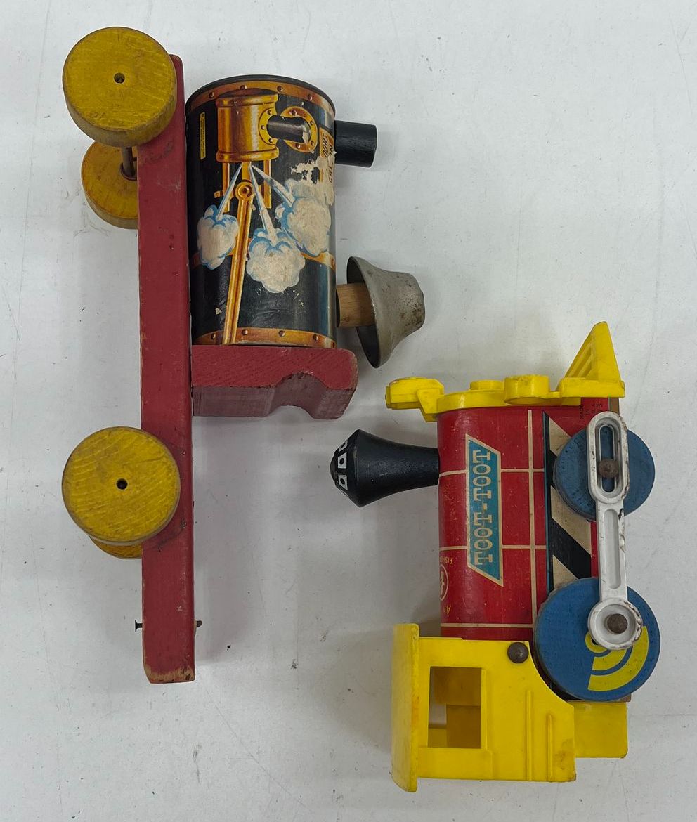 Vintage 60s Fisher Price Wood Pull Toy Train Lot Toot-Toot & No. 485 Choo Choo