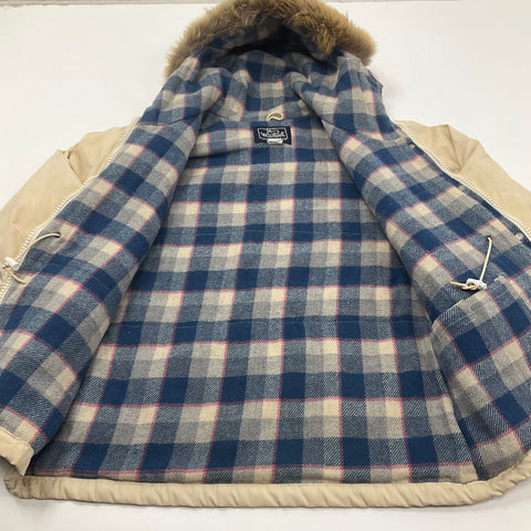Woolrich Beige Tan Vintage 80s Plaid Lined Faux Fur Hood Parka Coat Womens M