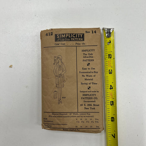 Antique 1920s Simplicity 412 All-In-One Girls' Coat Sewing Pattern Size 14