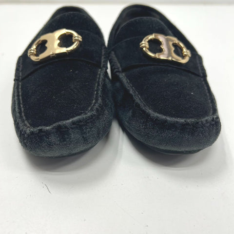 Tory Burch Howell Court Black Suede Gold Logo Driving Loafers Women's Size 7