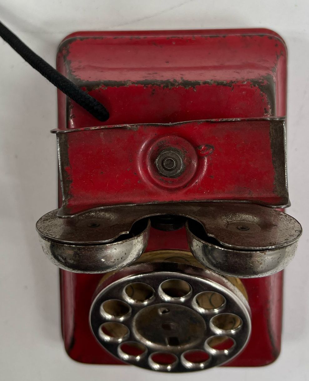 Collectible Vintage Children's Red Painted Metal Rotary Telephone Toy