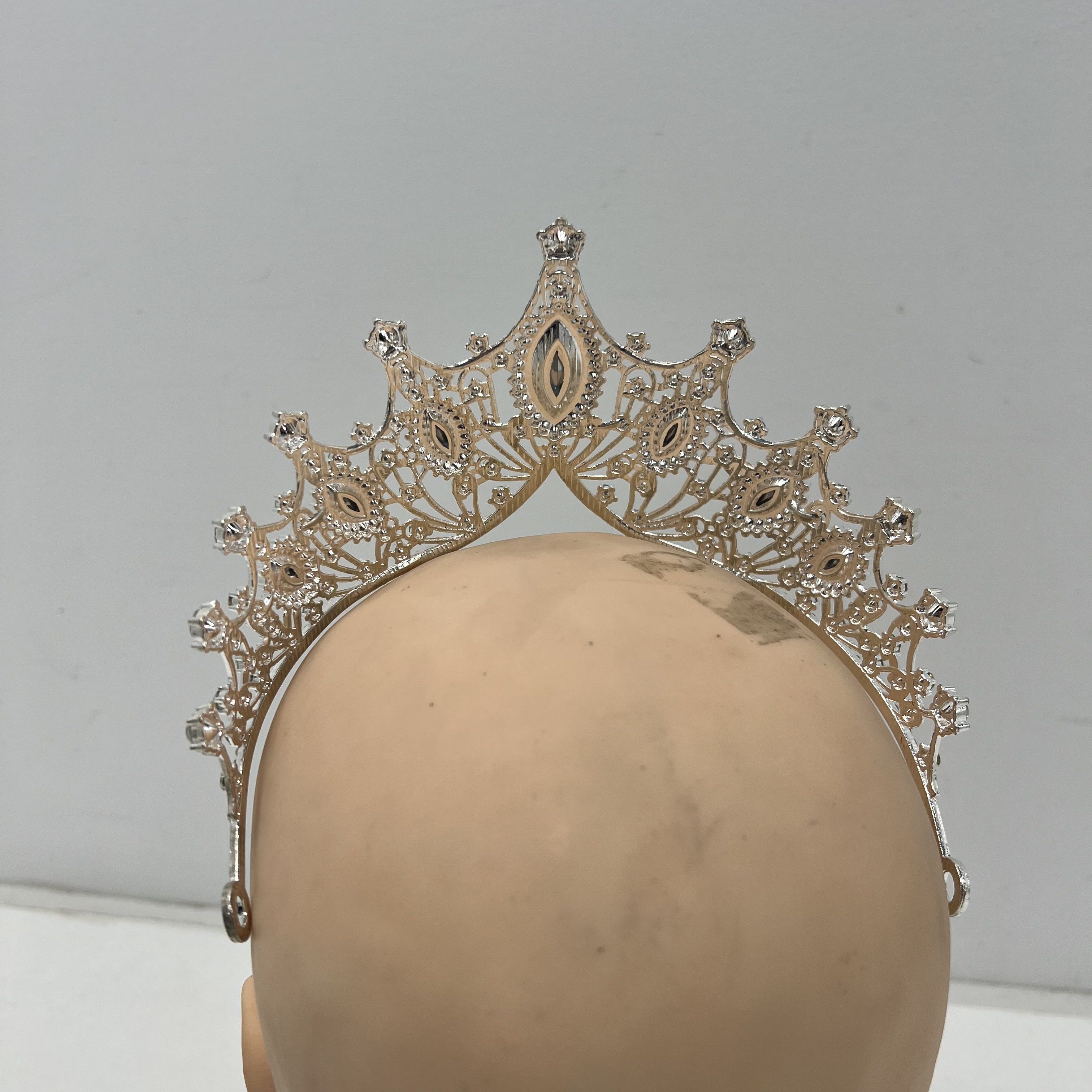 Rhinestone Baroque Bling Tiara Crown Headpiece Silver Tone