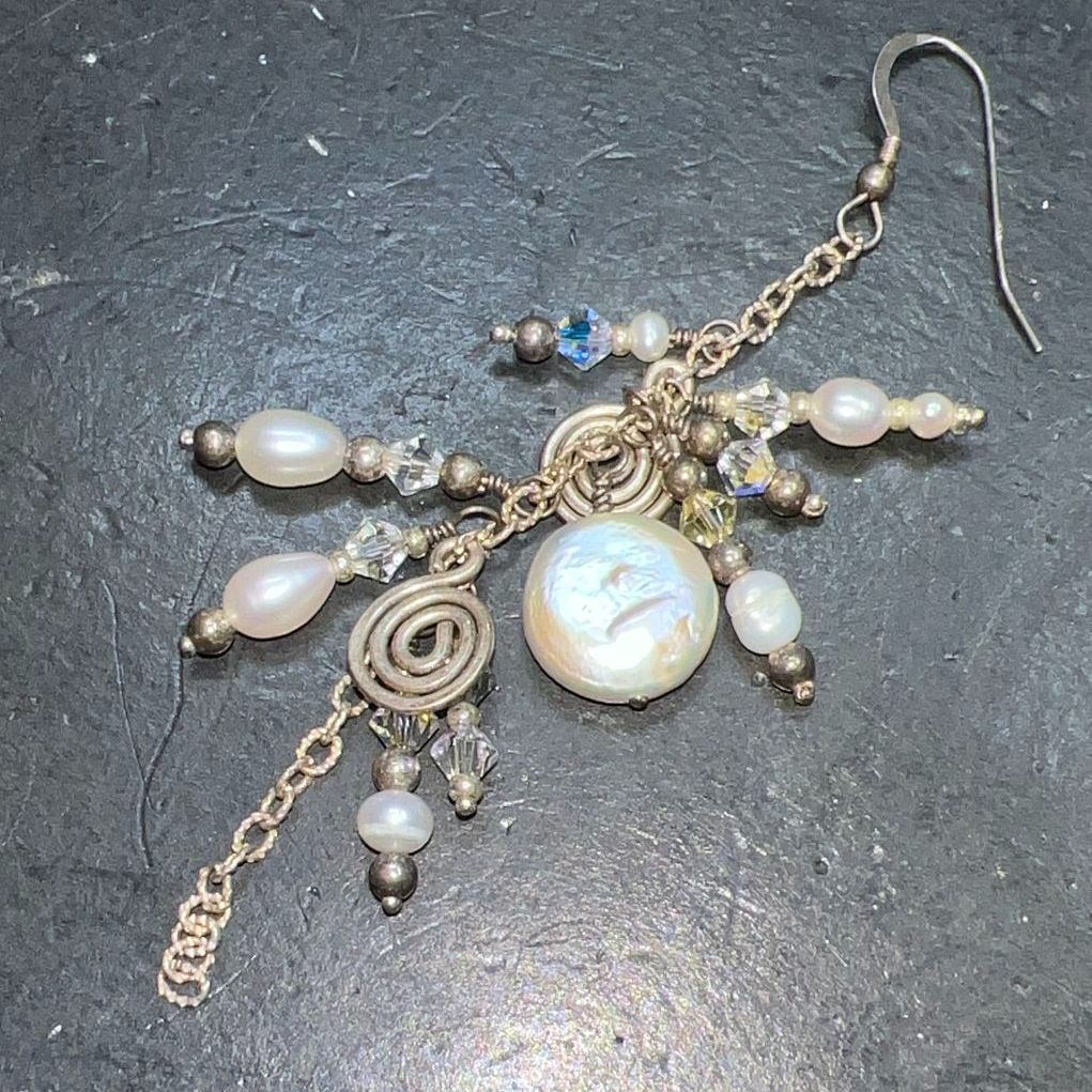 Sterling Silver Pearl Multifaceted Beaded Dangle Earrings