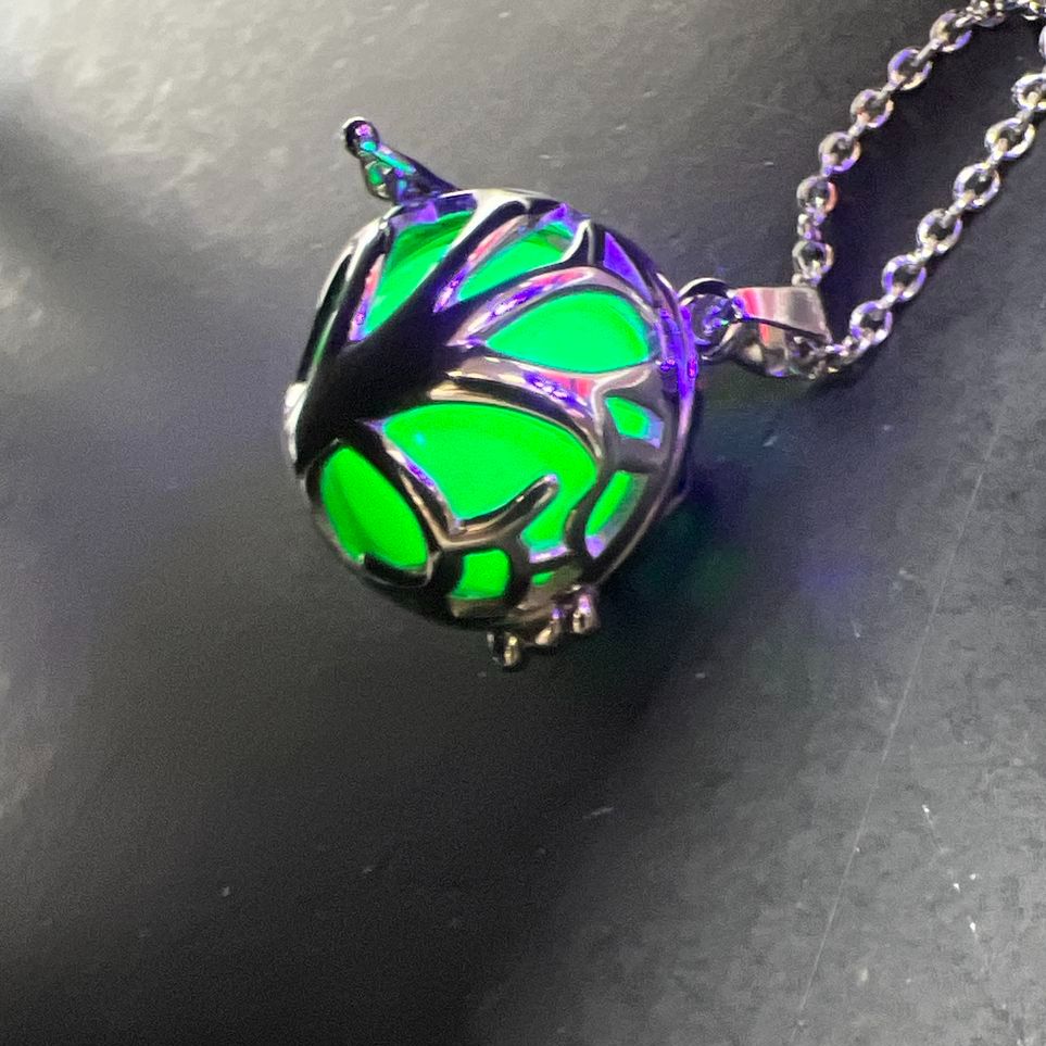 Green Night Glow Resin Caged Pendant Necklace NIB