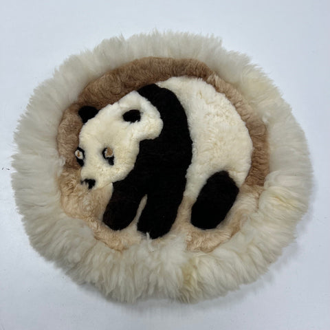Vintage Panda Bear Real Fur Tapestry Wall Hanging Rug Sheepskin Folk Art 18"
