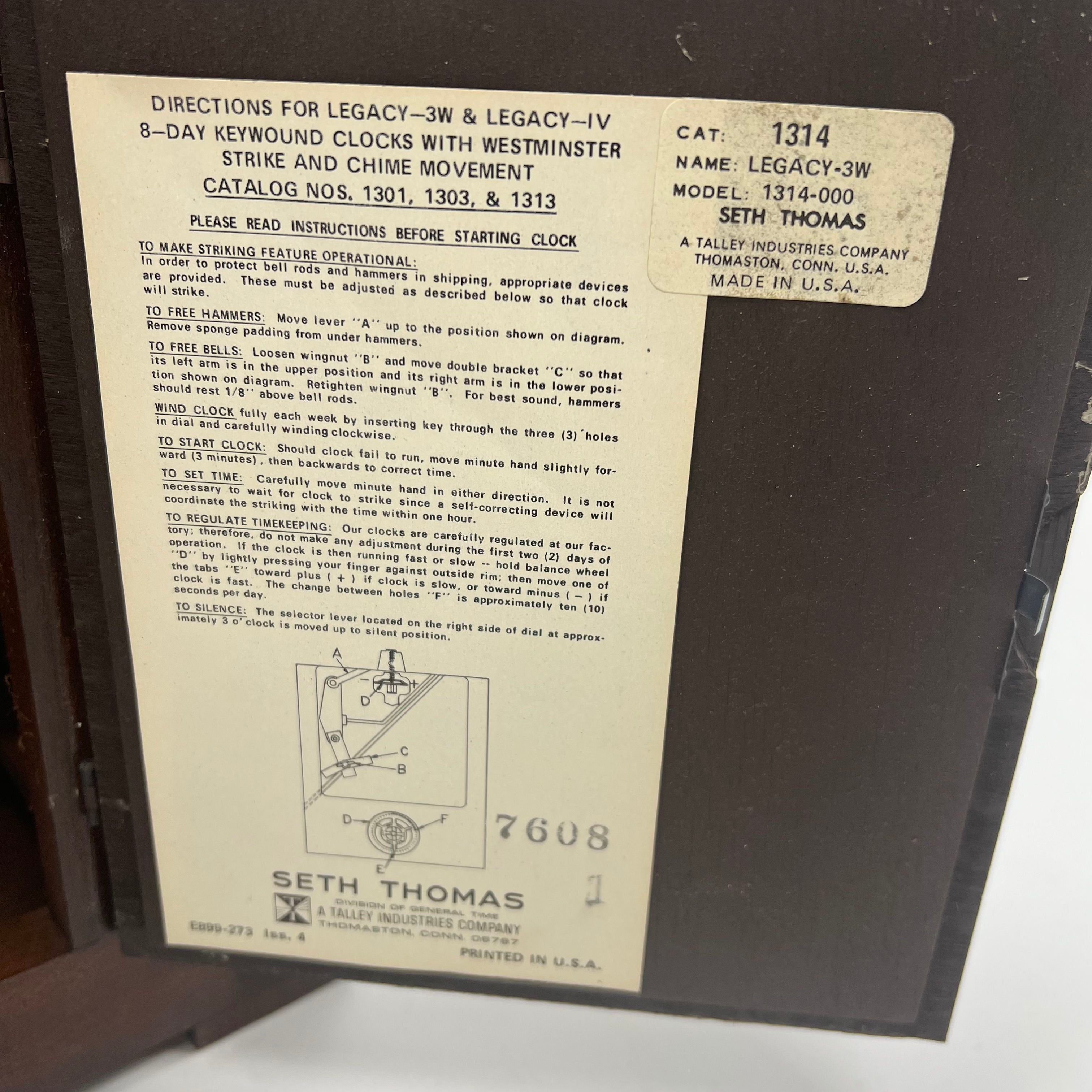 Seth Thomas Legacy 3W Mantle Clock Brown Westminster Chime Model 1314-000