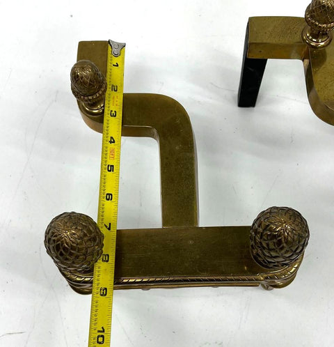 Antique Federal Revival Brass Andirons Fire Dogs Pineapple Finial Pair