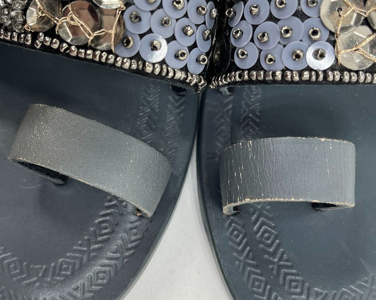 Free People Grey Beaded Sequin Ankle Strap Toe Loop Flat Sandals Size EU 37 US 7