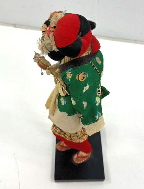 Vintage Mid-Century Japanese Geisha Doll Figure Gofun Face Kimono Wood Base