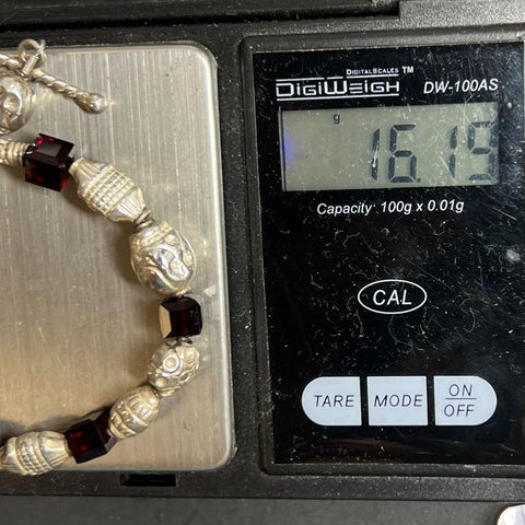 Sterling Silver Skull & Red Glass Beaded Bracelet 16.19g