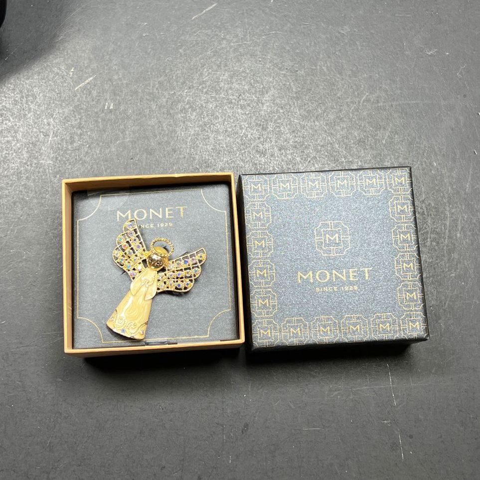 Monet Rhinestone Angel Gold Tone Brooch In Box
