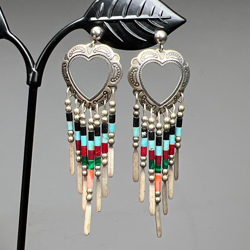 O.T. Sterling Silver Heart Native American Style Beaded Earrings 5.6g