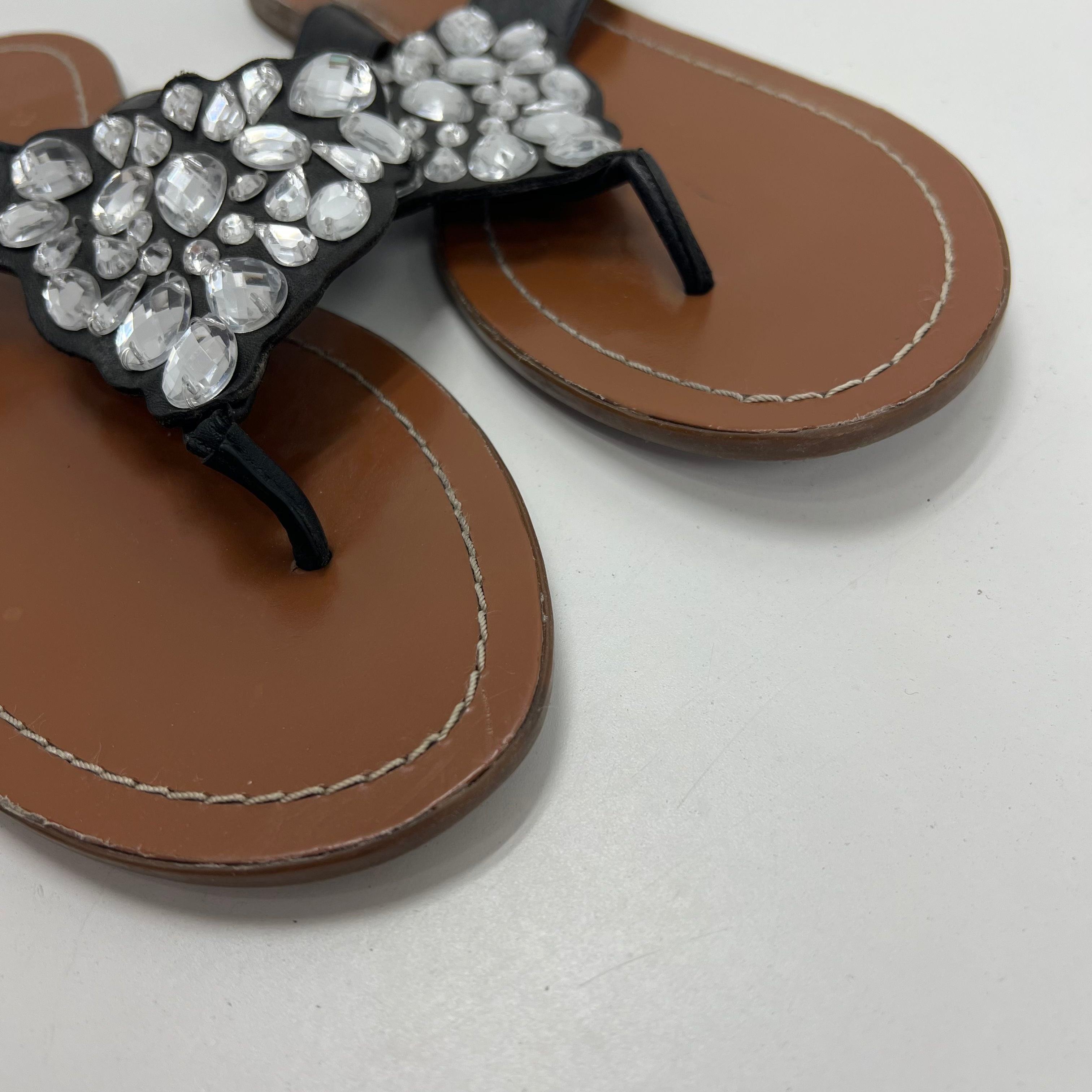 Kate Spade Black Leather Jeweled Bow Thong Sandals Womens Size 9