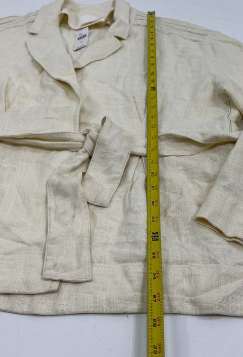 Anthropologie Ivory Belted Linen Blend Contrast Stitch Jacket Blazer Women's M