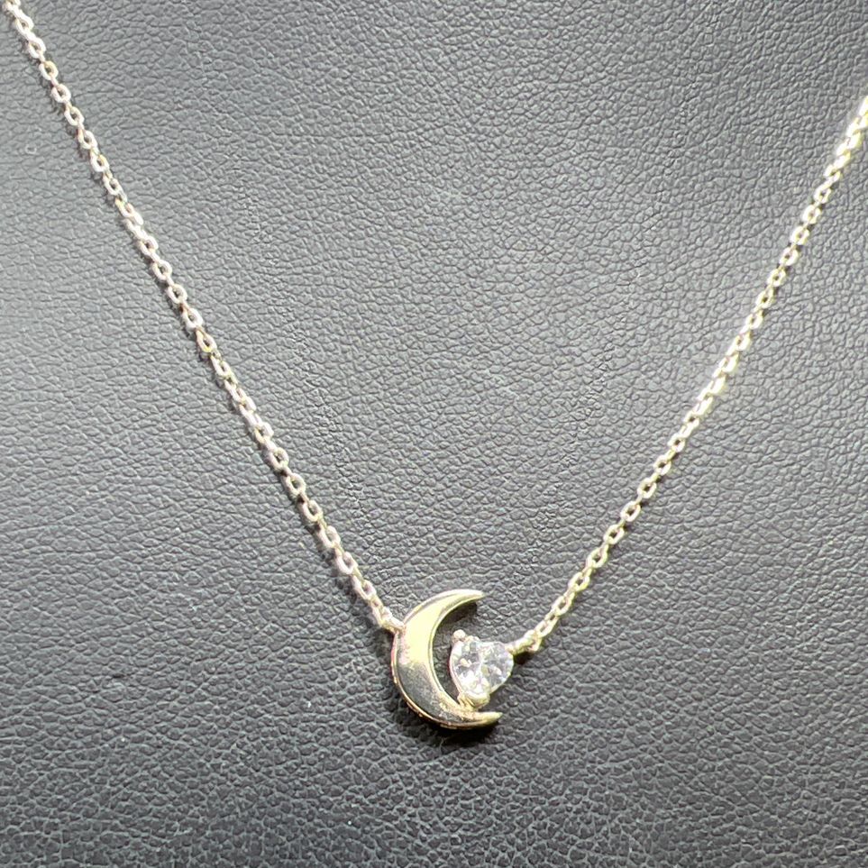 925 Sterling Silver Moon and Heart Rhinestone Charm Necklace