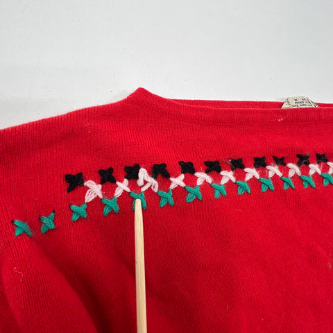 Vintage 70s Kmart Red Embroidered Bell Sleeve Boat Neck Sweater Women's S