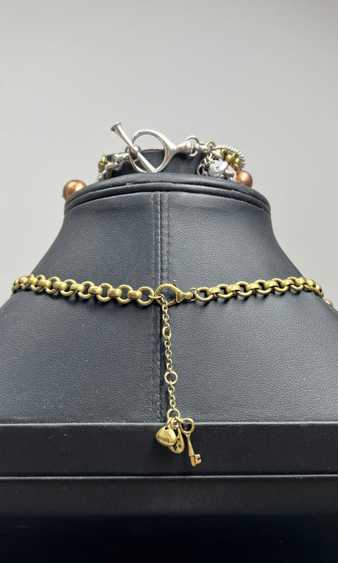 Fossil Vintage Y2K Chunky Mixed Metal Beaded Jewelry Set Necklace Bracelet ERs