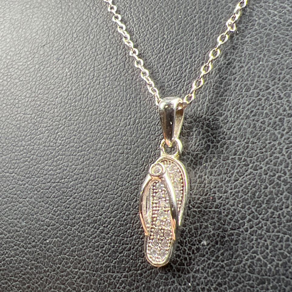 925 Sterling Silver Rhinestone Flip Flop Charm Necklace