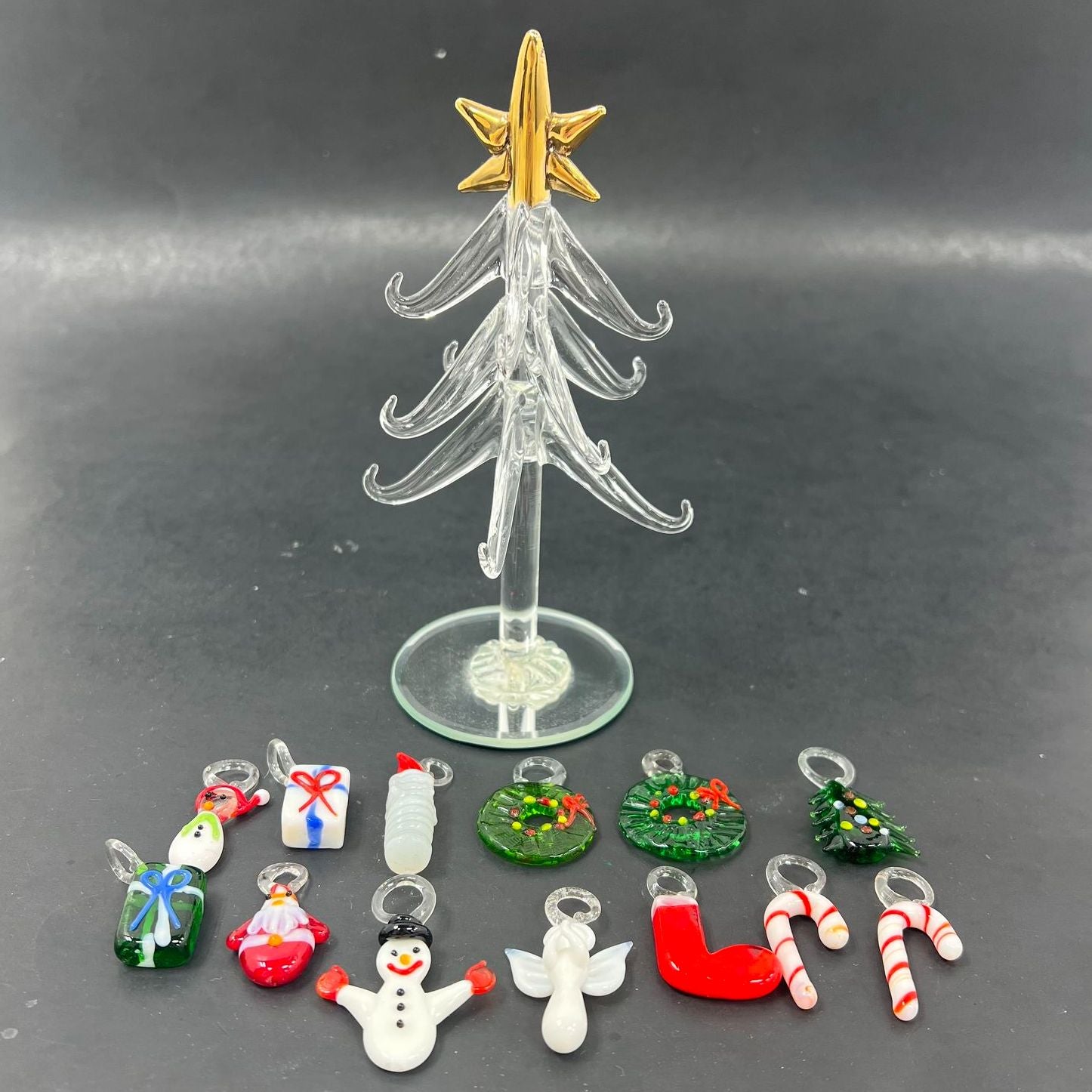 Hand Blown 13 Mini Ornaments Glass with Christmas Tree Art Glass Stand