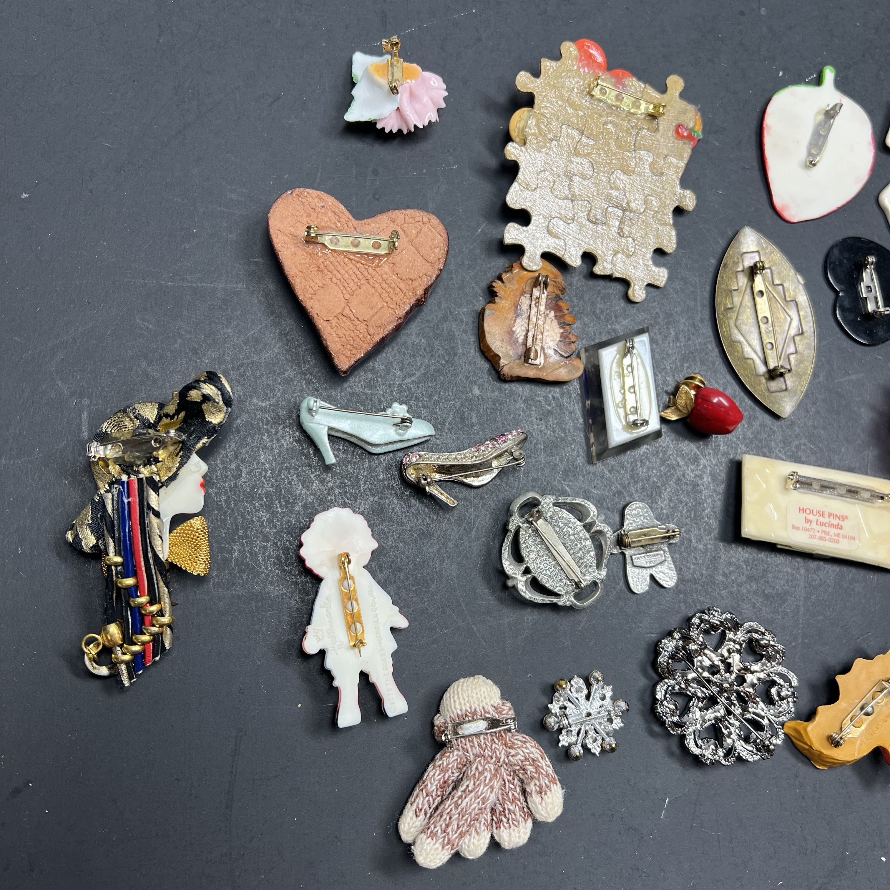 Assorted Styles Brooches Pins Scarf Clips Gold Silver Tone Sock Monkey Food Bow