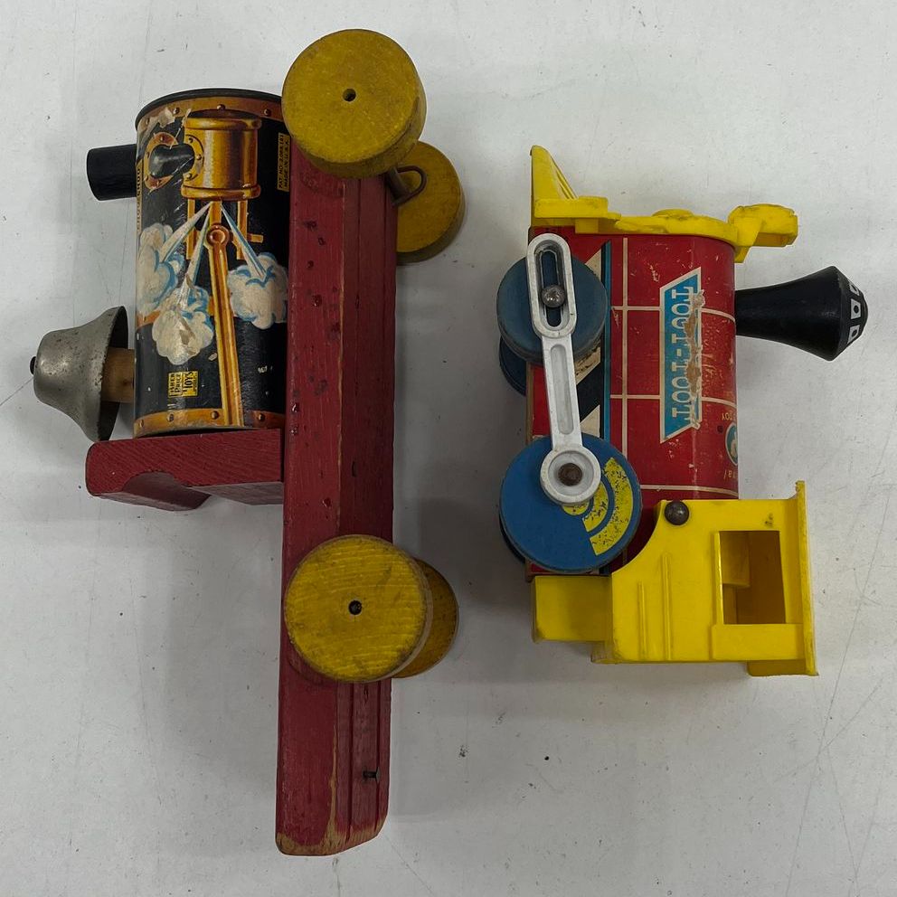 Vintage 60s Fisher Price Wood Pull Toy Train Lot Toot-Toot & No. 485 Choo Choo
