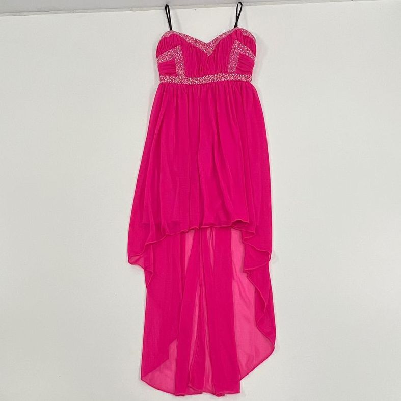 VTG Y2K Junior's City Triangles Hot Pink Beaded Hi-Lo Homecoming Dress - Size 9