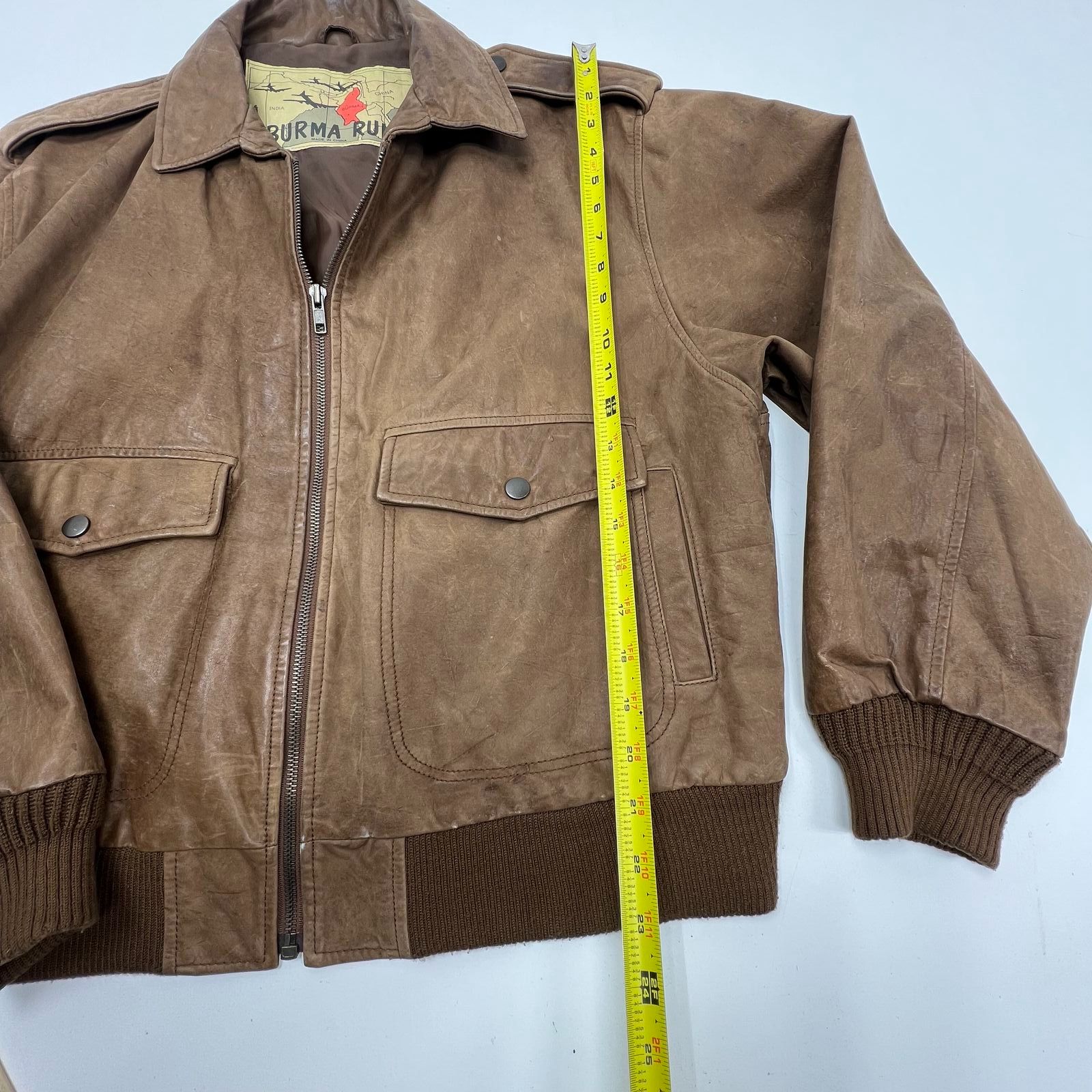 Burma Run Brown Vintage 80s Distressed Leather Bomber Flight Jacket Men's L