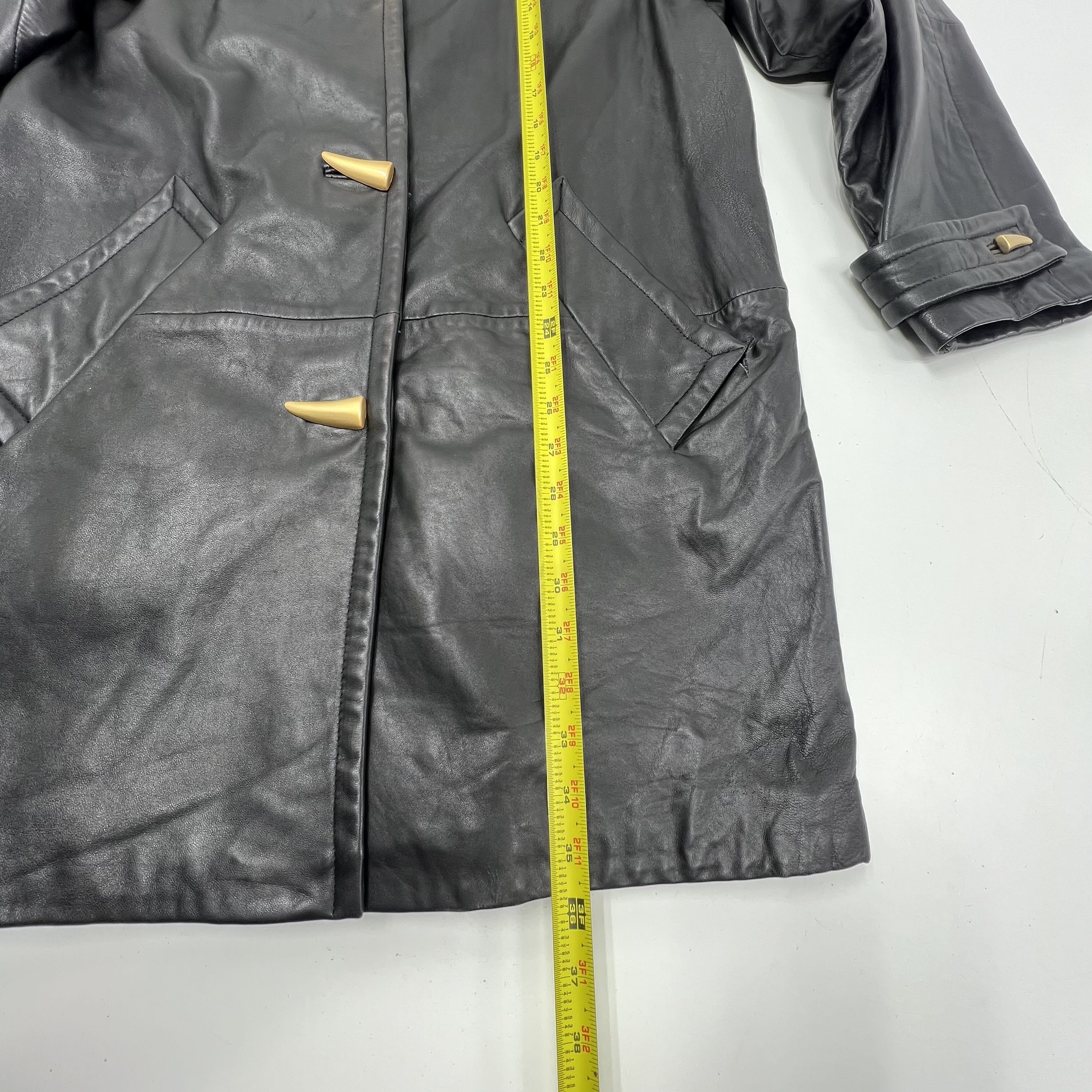 Vintage 80s Jacqueline Ferrari Black Leather Toggle Trench Coat Jacket Womens M