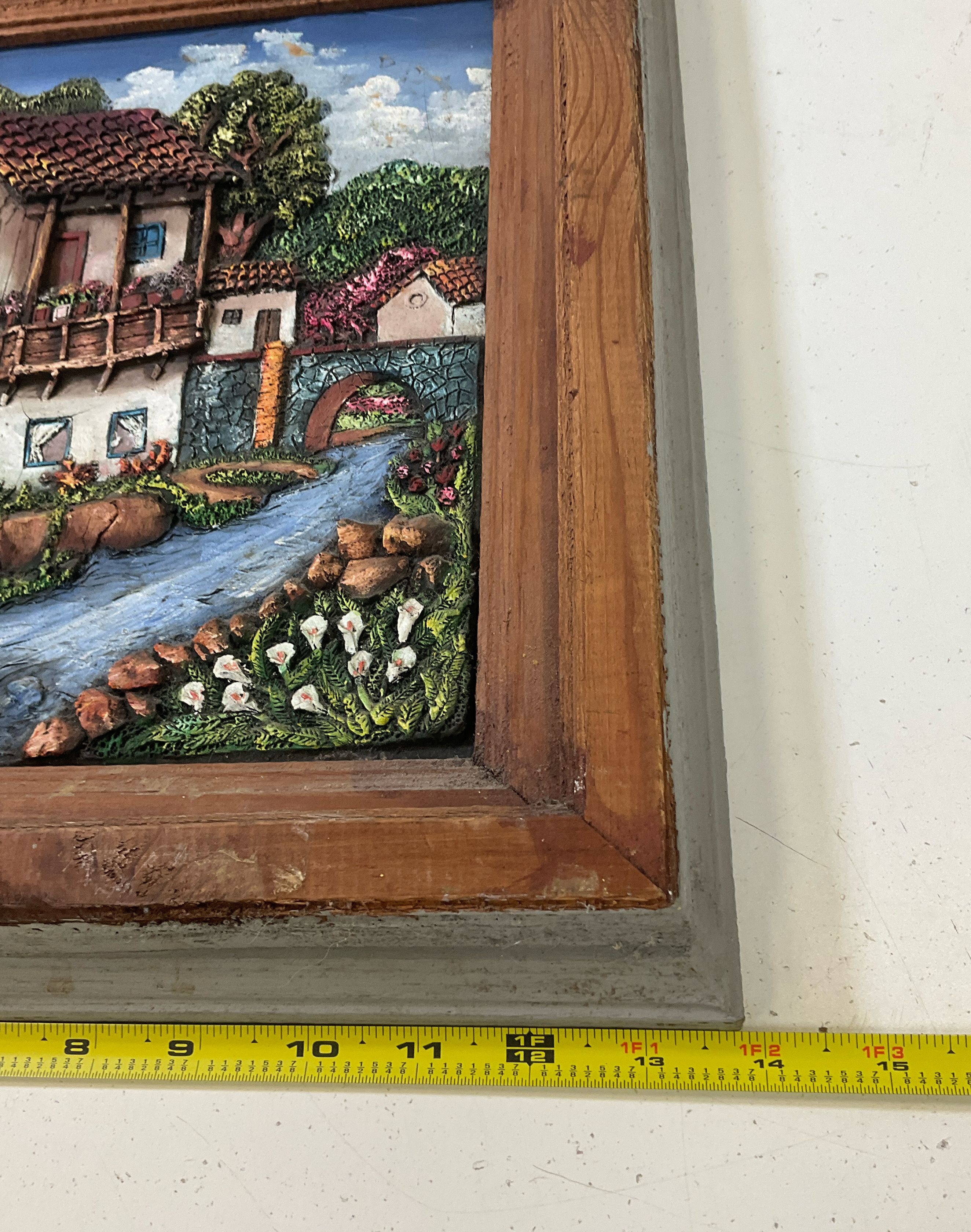 Vintage Framed Terracotta 3D Painting South America House & Stream Approx 14x16