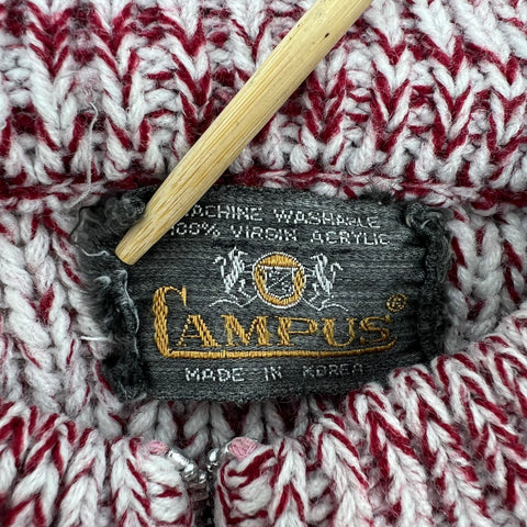 Vintage 70s Campus Red White Marled Cable Knit Ring Pull 1/4 Zip Sweater
