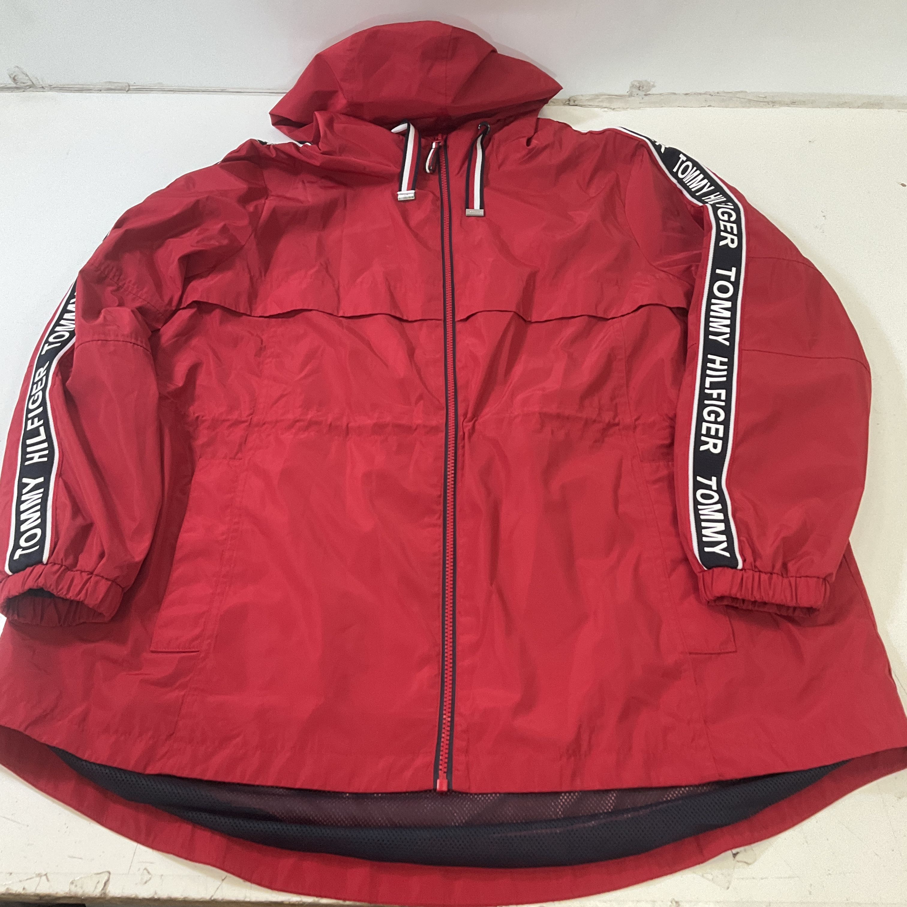 Tommy Hilfiger Women's Red Hooded Windbreaker Jacket Drawstring Waist Size XL