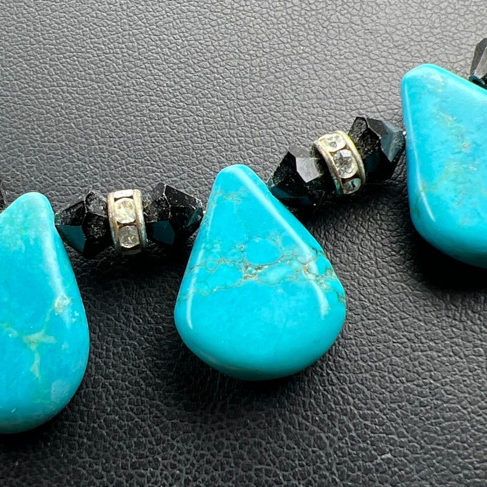 Turquoise Drop Black Beaded & Rhinestone Necklace