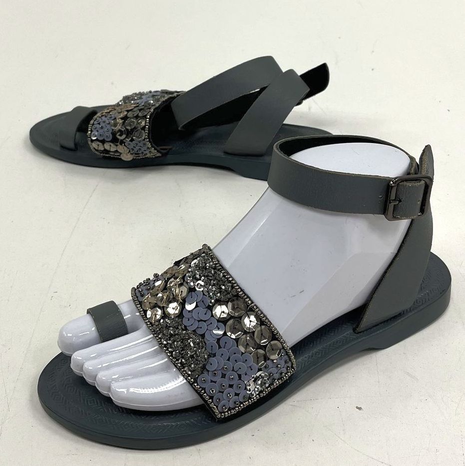 Free People Grey Beaded Sequin Ankle Strap Toe Loop Flat Sandals Size EU 37 US 7