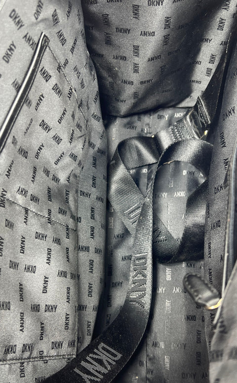 DKNY Black Carlita Tote Bag Monogram Jacquard White Stripe