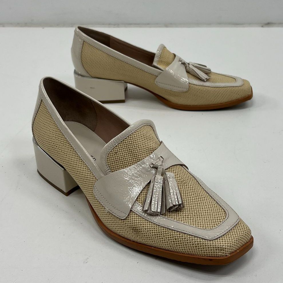 Donald Pliner Natural Woven Tassel Block Heel Loafers Womens Size 10